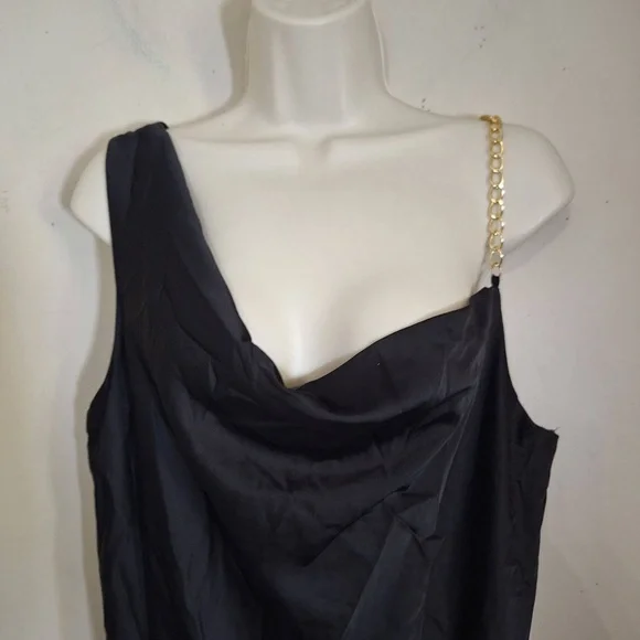 And Now This Black One Shoulder Cowl Neck Gold Chain Asymmetrical Satin Dress - Picture 3 of 12